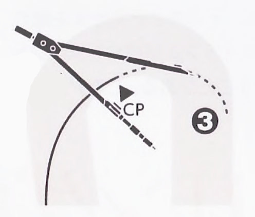 1：コーナー出口のアウト側に①を決め、コーナーのイン側②まで大きな円を描く。(②がクリッピングポイント(CP))