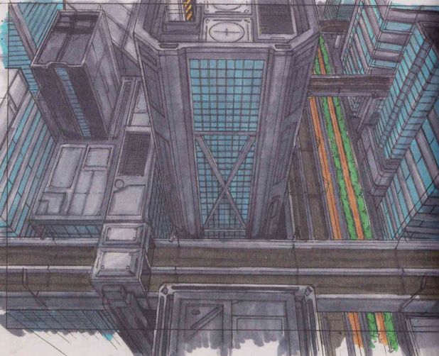 ▼「レイストーム」開発初期、ビル街のイメージスケッチ。実際のゲーム画面よりも建物の密度が高いです。