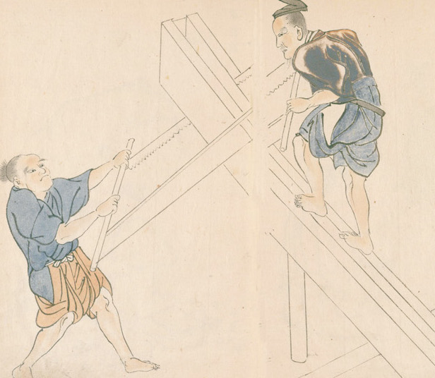 15世紀の絵巻『三十三番職人歌合』に描かれた、力を合わせて大鋸を交互に押し合い、大きな材から板をつくる二人の職人