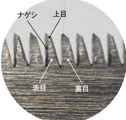 横挽き鋸の刃には、三方に切れ刃が設けられた表目と、そうでない裏目が交互に並ぶ