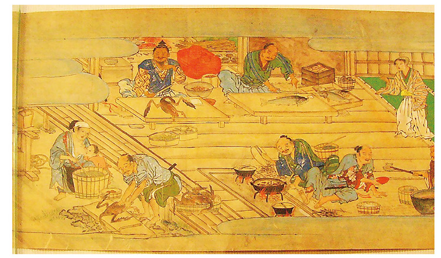 室町時代に著された『酒飯論』から。日本刀型の包丁が使われている。