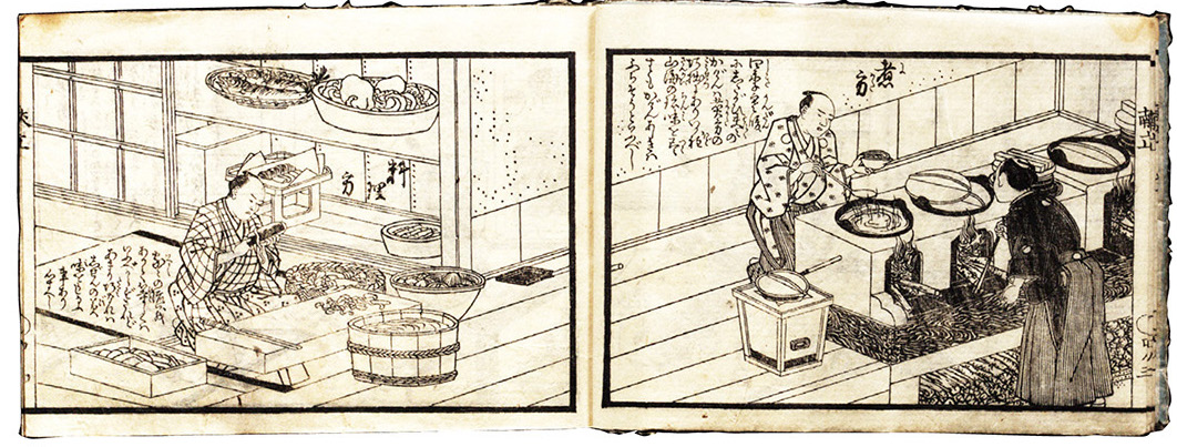 『早見献立帳』天保5年(1834)刊から。薄刃(男性の手)と蛸引(まな板の右)が描かれる。