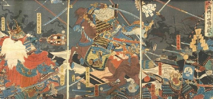 川中島での一騎打ちを描いた「大日本歴史錦絵甲越両将川中嶋大戦」
