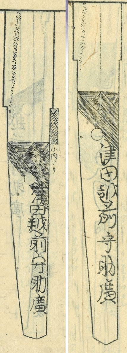 助広が刻んだ銘には書体に特徴があり、右が「角津田」と呼ばれるもので、左が「丸津田」と呼ばれるもの。30代後半の活動期には「角津田」、以降死去するまでは「丸津田」を刻んだ(国立国会図書館蔵)。