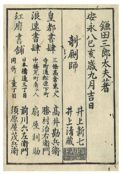 安永8(1779)年頃に編纂された『慶長以来新刀辯疑』の奥付より。この書物ではじめて、助広をはじめとする新刀の刀工たちの業績が詳しく解説されています。