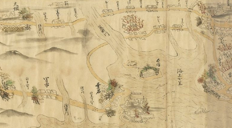 村正が生まれ活動の地となった桑名の地を描いた『東海道中図』(部分)。かつて桑名は伊勢と尾張を結ぶ海路の要衝でした。