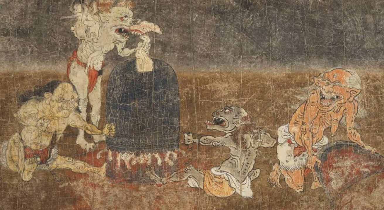 平安時代に地獄を描いた絵巻物。写真は鬼たちが死者を鉄臼ですりつぶす場面。奈良国立博物館所蔵