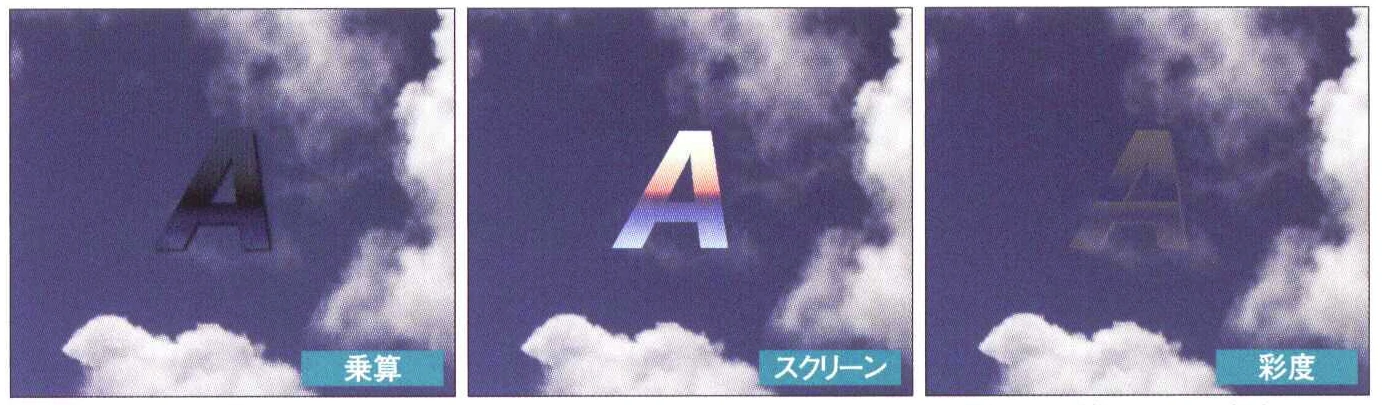 「乗算」「スクリーン」「彩度」の3つのモードの変化