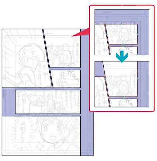 「コマ枠」ツールの「コマ枠カット」にあるサブツールでコマを割っていきます。「左右の間隔」「上下の間隔を設定してからコマ割りしよう。ここでは「枠線分割」を使っています。