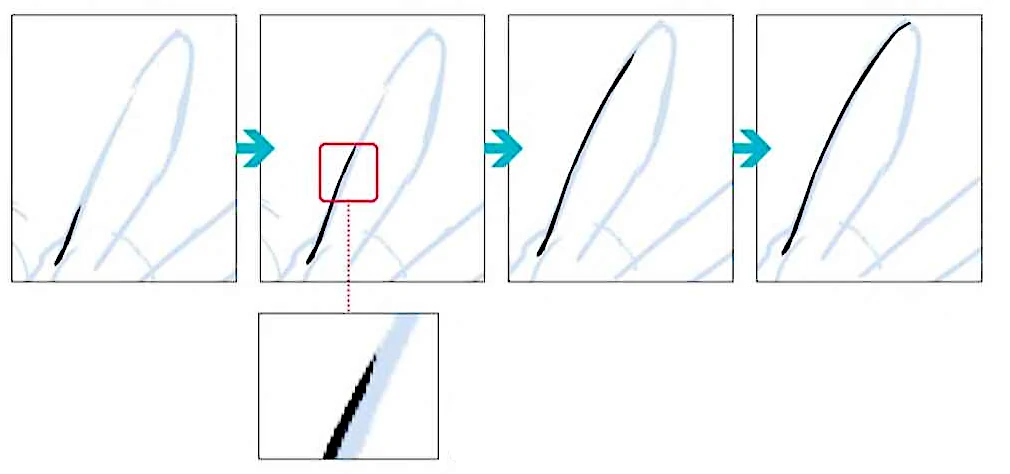 1本線できれいな線を引くのもいいのですが、線を重ねて描く方法もあります。短い線をつなげて長いストロークの線を描いていくこともできます。