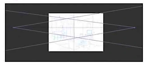 消失点が2つあるパース定規が作成されました。2つの消失点はキャンバスからはみ出すくらい離れているほうが、自然なパースになりやすいです。