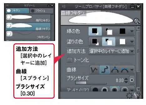 「フキダシ（ショートカット：T）」ツール→「曲線フキダシ」を選択します。「ツールプロパティ」パレットで必要な設定をしておきます。