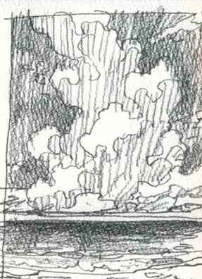 南国の青い海と積乱雲を描く