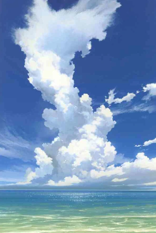南国の青い海と積乱雲を描く