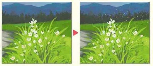「描画色:白」「ブラシ「サイズ:300」にし、「サブツール詳細」パレットから「ストローク」→「間隔:固定・190」にして、花の上周りに白のキラキラを追加します。