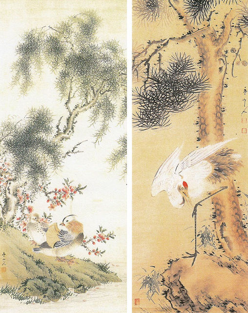 小荒井豊山　左：「浪煖桃香図」右：「松と鶴図」