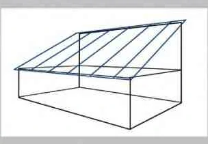 右図のように建物に屋根などの斜めに角度のついたものを描画したいときは、斜め方向の消失点を追加すると作画しやすくなります。