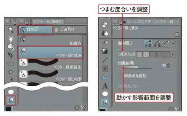 【1】「ベクター線つまみ」ツールを選択する