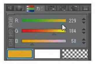 「RGB」モードでは「Red:赤、Green:緑Blue:青」の3本のスライダーをそれぞれ動かして色を変更します。一番上の「R」の口を左右にドラッグすると、その位置の色に変更されます。また、各スライダーは連動しているため、スライダーを動かすとそれ以外の2本のスライダーの色も変化します。