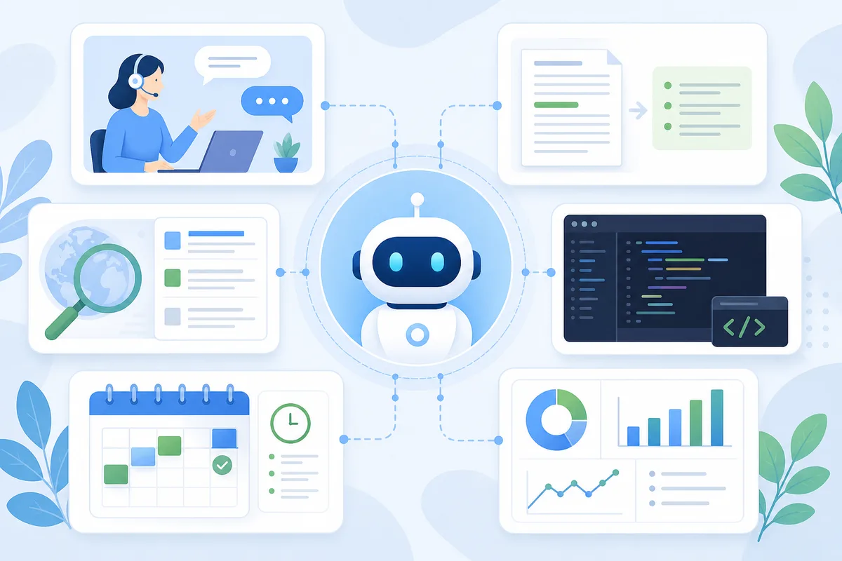 AIエージェントの活用例として調査、要約、コーディング、予定管理を並べたイメージ画像