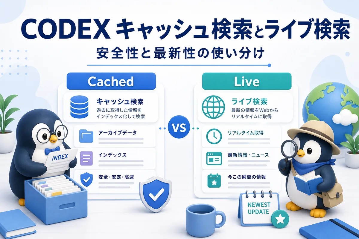 CODEXのキャッシュ検索とライブ検索を安全性と最新性の使い分けで可愛いペンギンが比較する画像