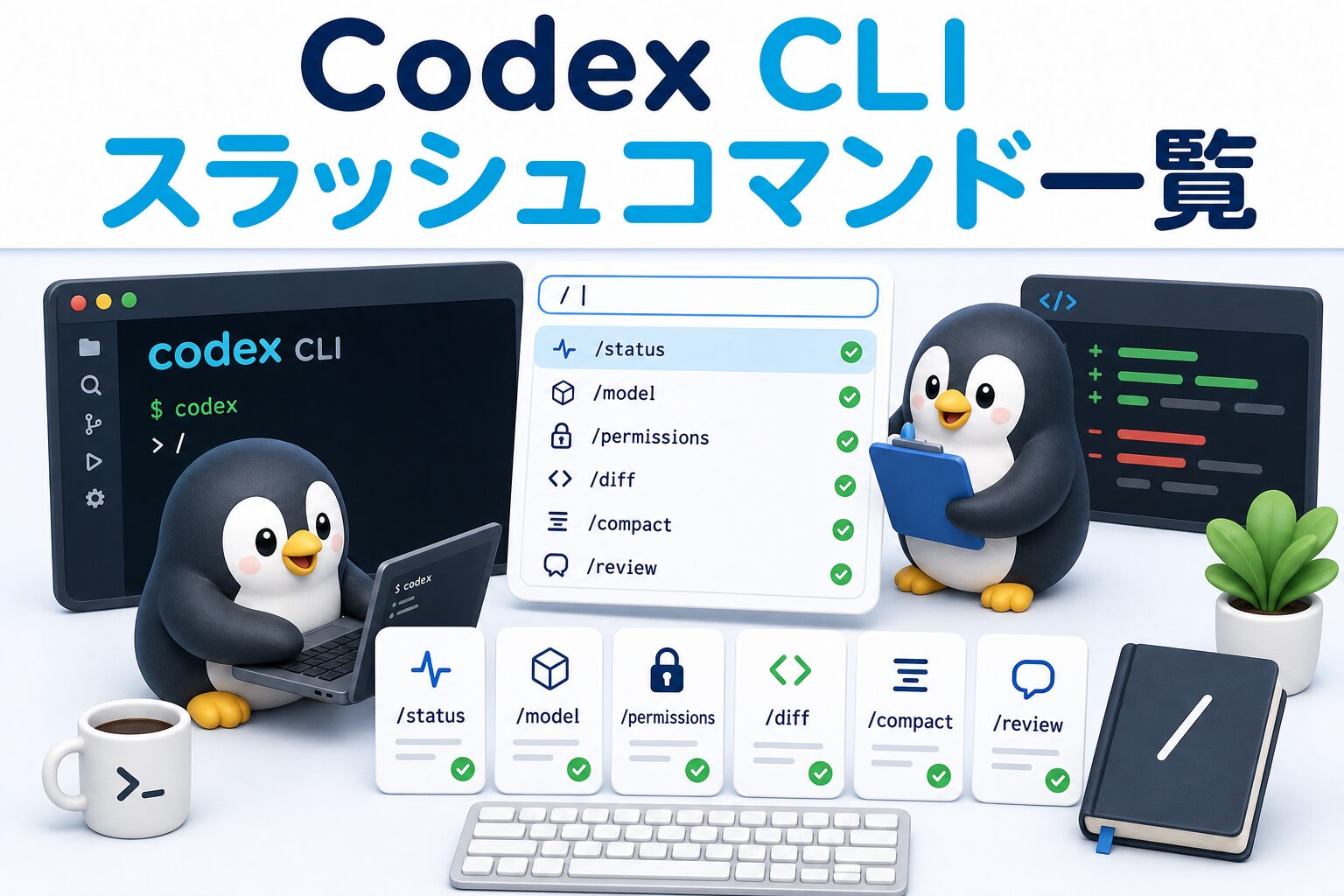 Codex CLIのスラッシュコマンド一覧を表す、ターミナルとコマンドカードを確認するペンギンたちの画像