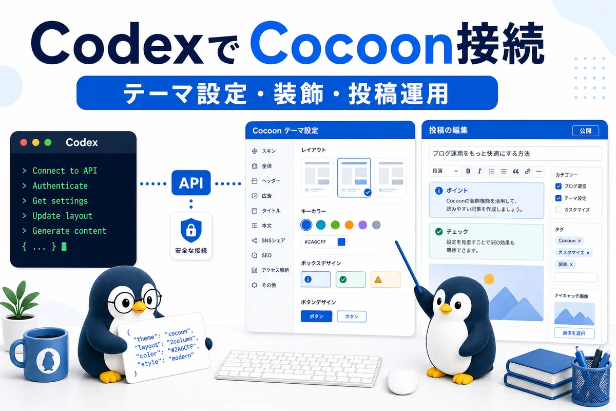 CodexでCocoonテーマ設定と装飾と投稿運用を接続する流れを可愛いペンギンと管理画面で表した画像