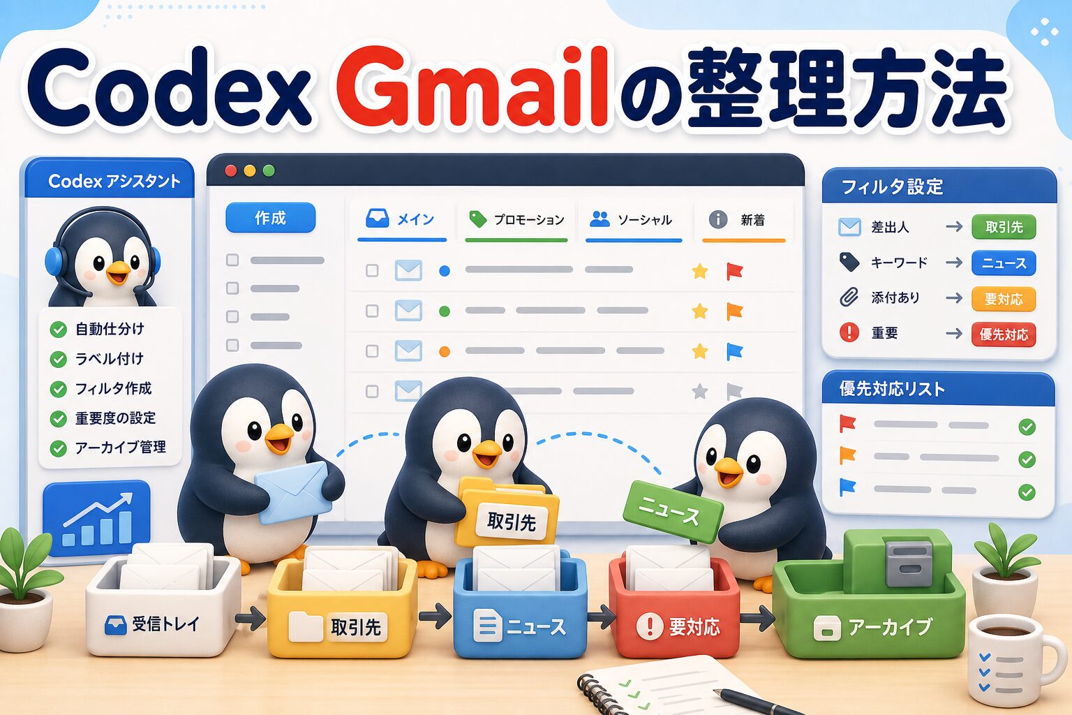 CodexでGmailを整理する方法を表す、メールをラベル別に分類するペンギンたちの画像