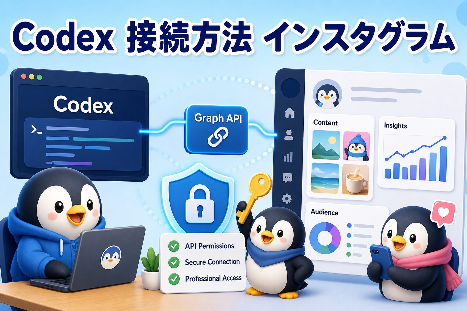 Codexとインスタグラム接続を表す、Graph APIと投稿インサイトを確認するペンギンたちの画像