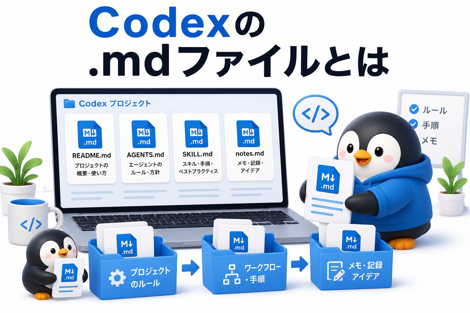 Codexで使うREADME.md、AGENTS.md、SKILL.mdなどのMarkdownファイルを整理するペンギンたちの画像