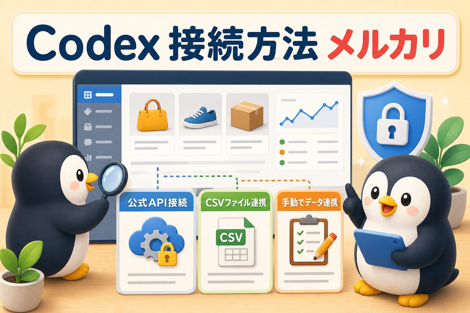 Codexとメルカリ接続を表す、マーケット情報と手動整理を確認するペンギンたちの画像