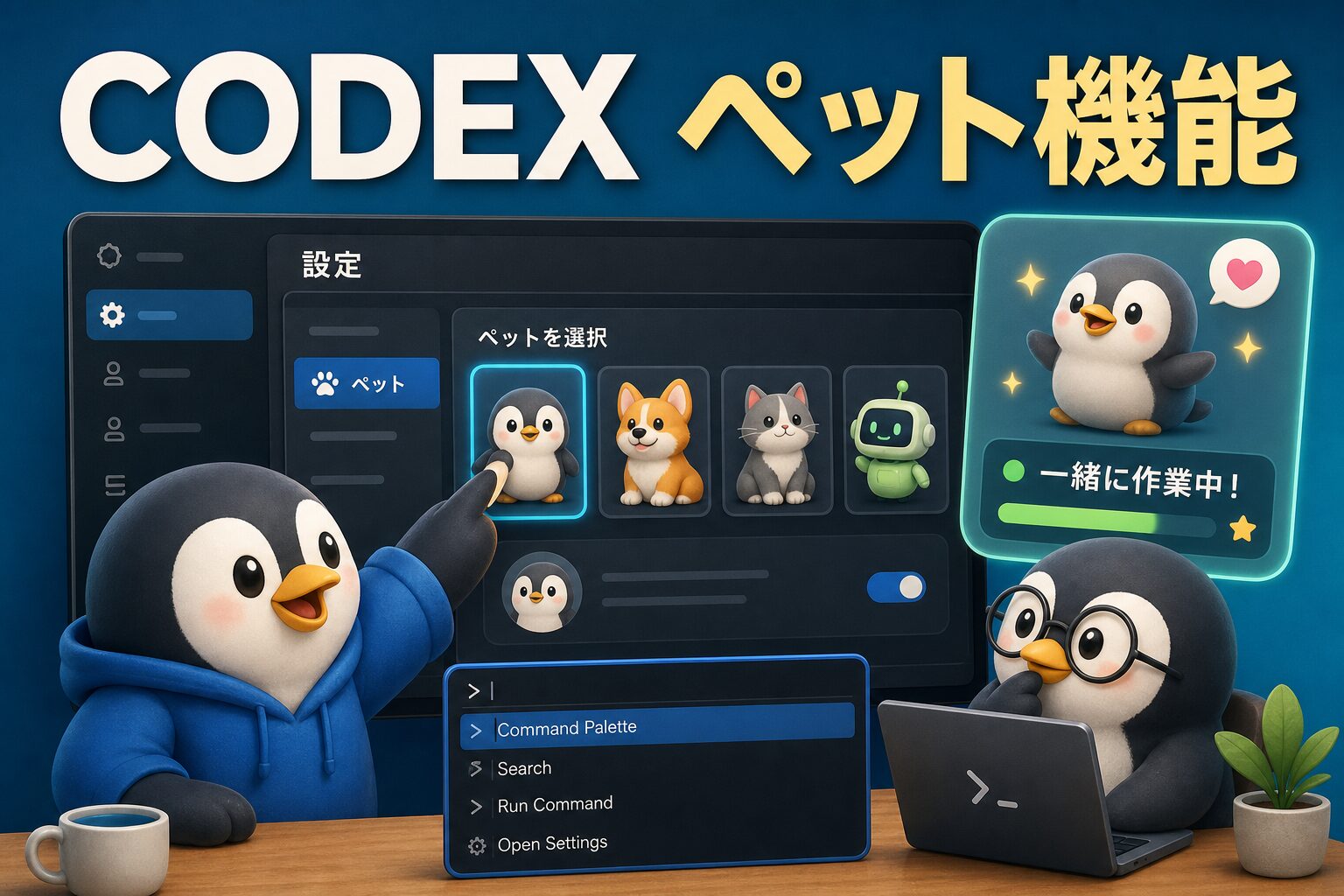 Codexペット機能を表す、設定画面と小さな相棒表示を確認するペンギンたちの画像