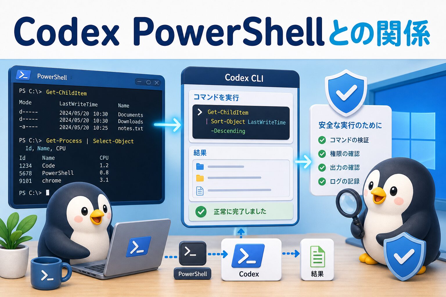 CodexとPowerShellの関係を表す、Windowsターミナルでコマンドを確認するペンギンたちの画像