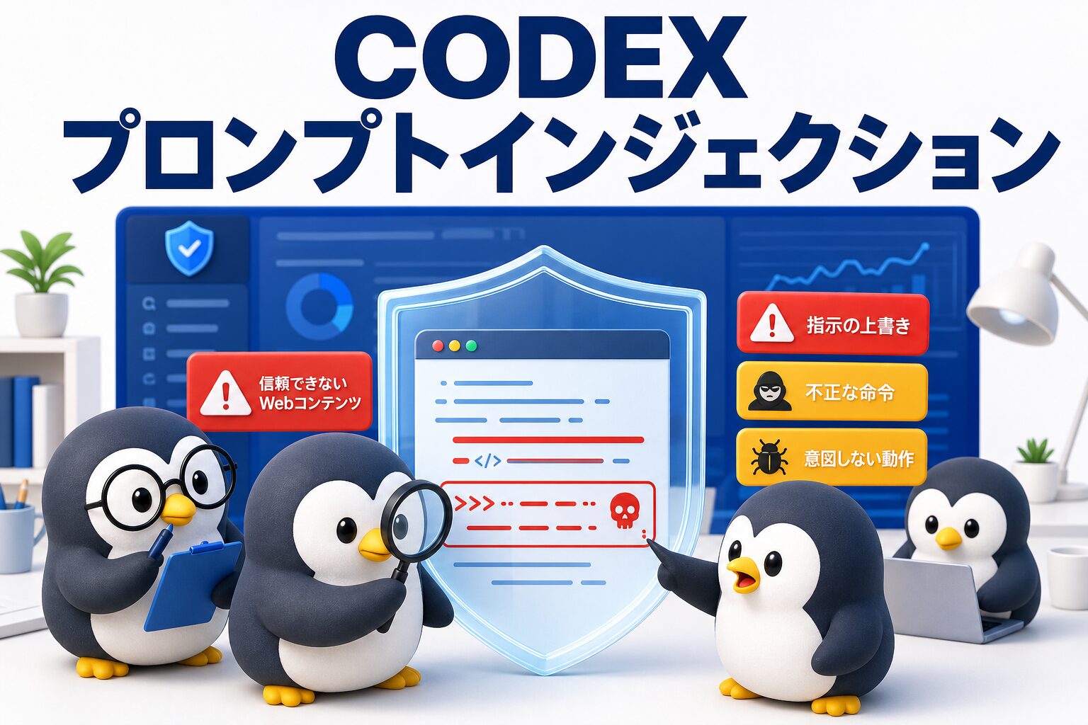Codexのプロンプトインジェクション対策を表す、警告カードと盾を確認するペンギンたちの画像