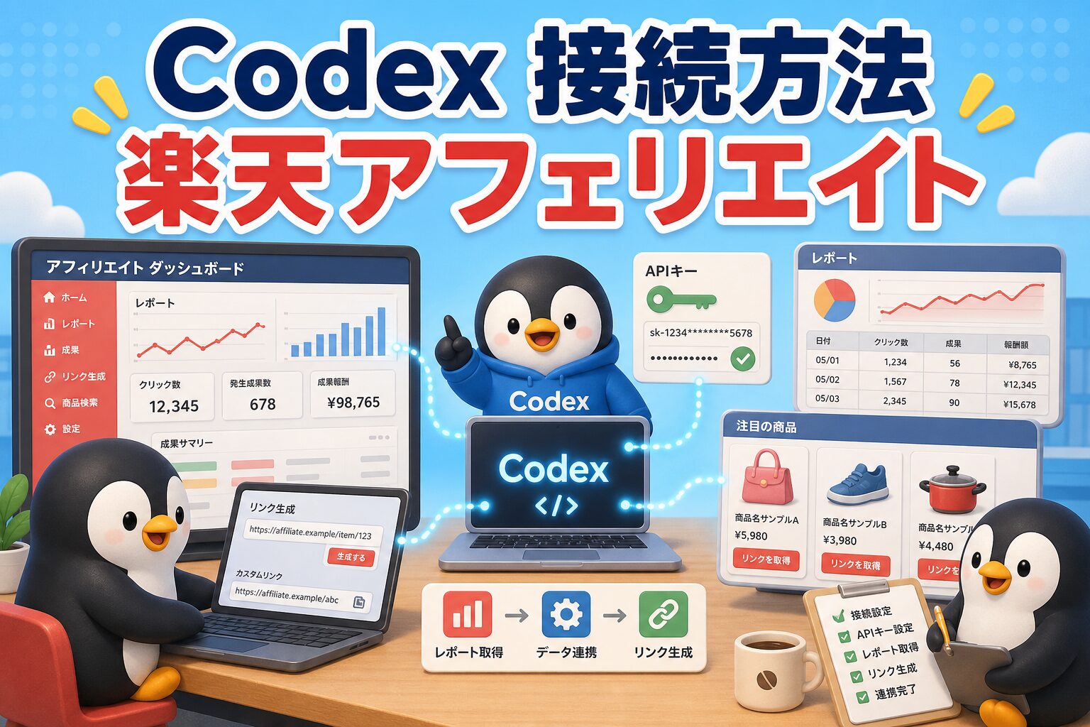 Codexと楽天アフェリエイト接続を表す、商品リンクと成果レポートを整理するペンギンたちの画像