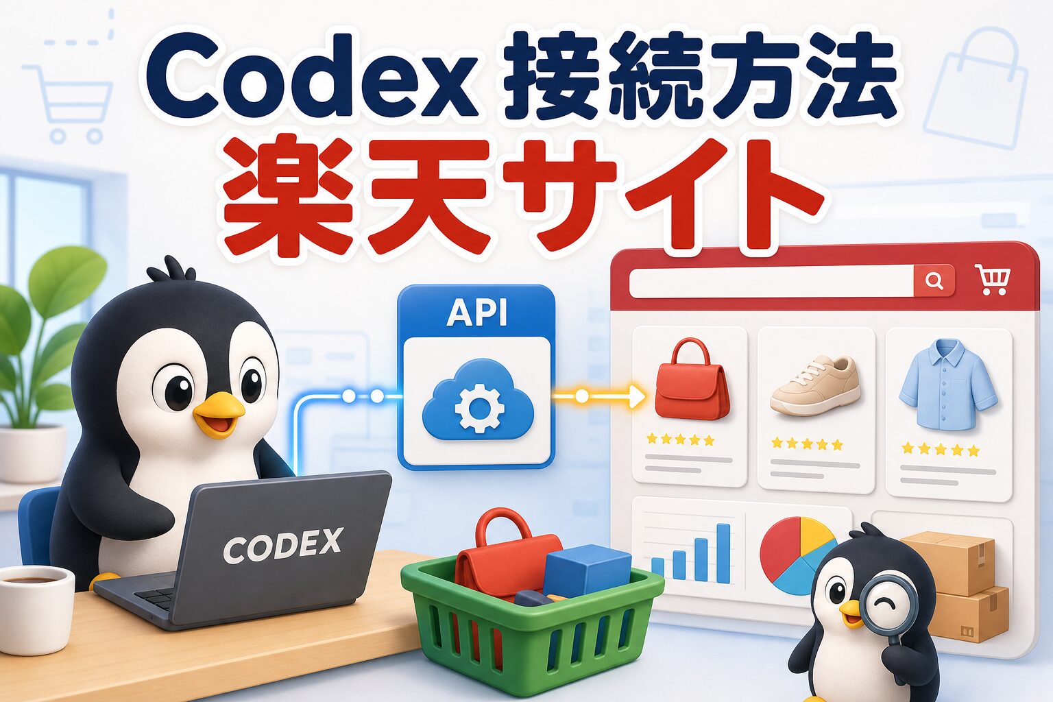 Codexと楽天サイト接続を表す、商品検索カードとAPI接続を確認するペンギンたちの画像