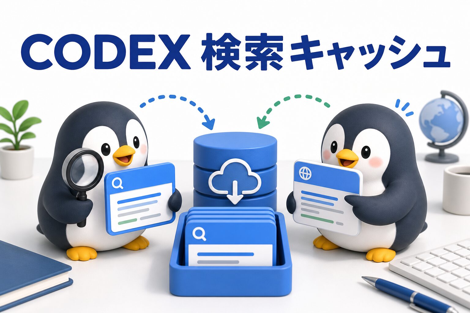 Codexの検索キャッシュを表す、検索カードとキャッシュデータベースを確認するペンギンたちの画像