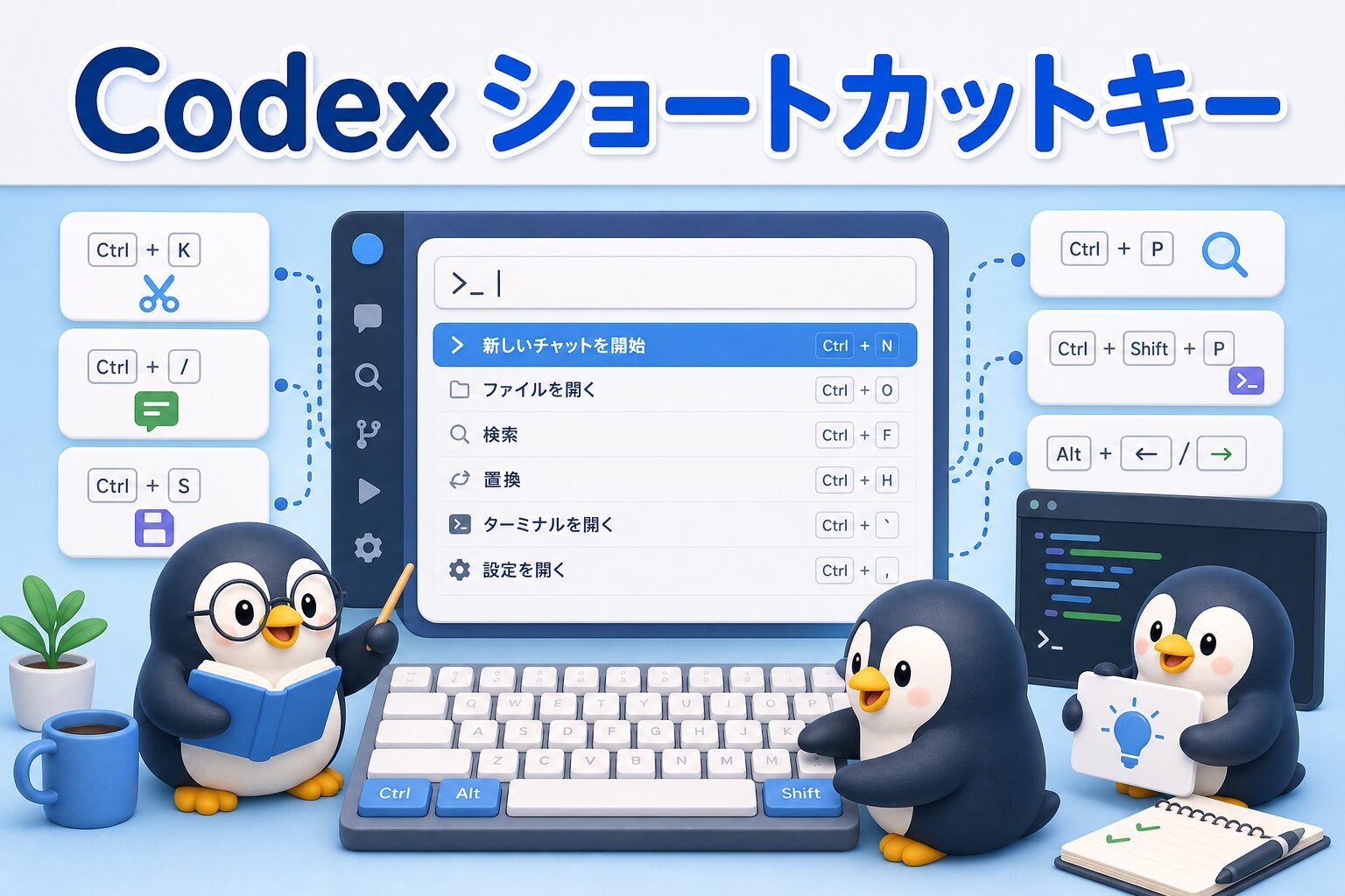 Codexショートカットキーを表す、キーボードとコマンドパレットを確認するペンギンたちの画像