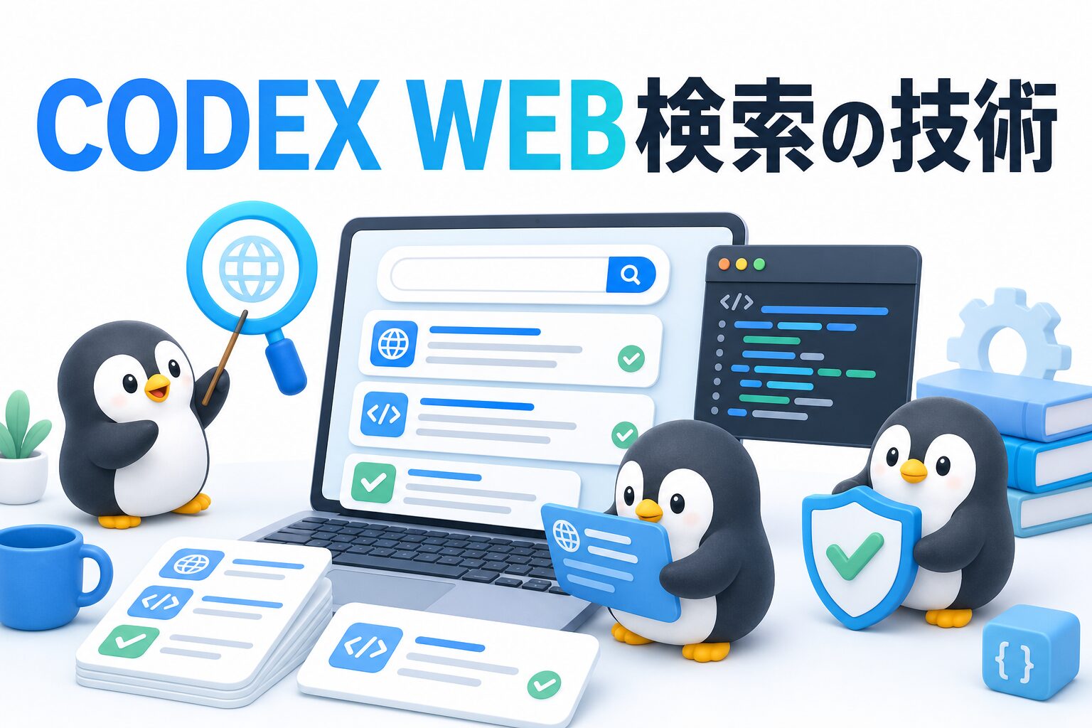 CodexのWEB検索技術を表す、検索カードとコード画面を確認するペンギンたちのアイキャッチ画像