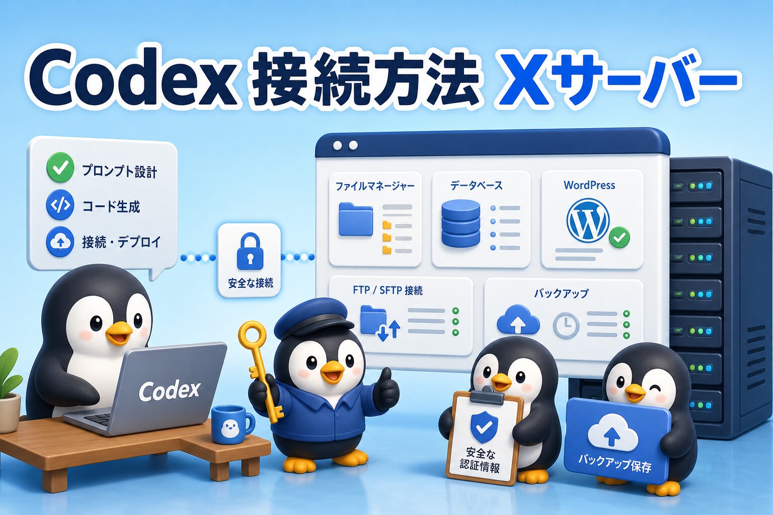 CodexとXサーバー接続を表す、サーバーパネルとWordPressバックアップを確認するペンギンたちの画像