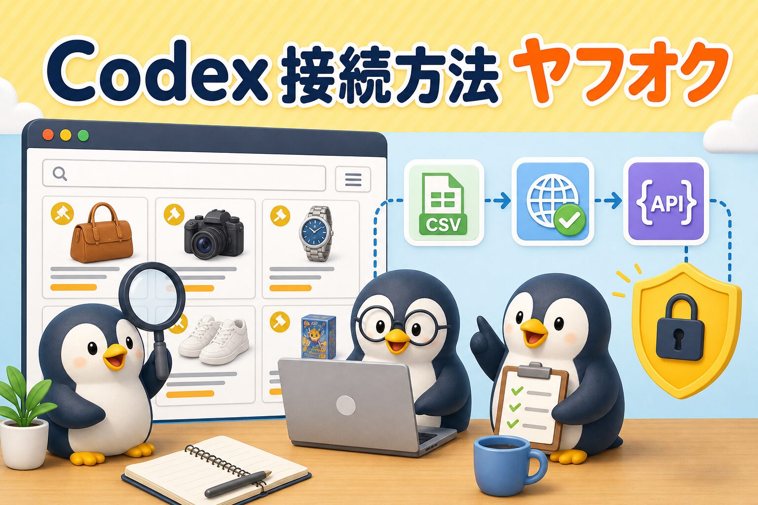 Codexとヤフオク接続を表す、オークション一覧とCSV確認を整理するペンギンたちの画像