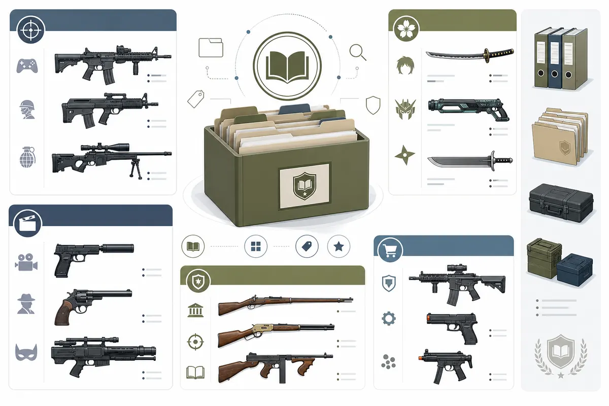 ゲームやアニメ映画に登場する銃と武器一覧を資料カードで整理した画像