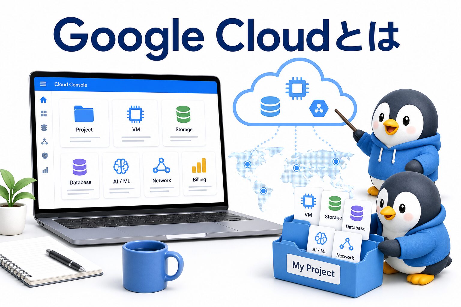 Google Cloudのプロジェクト、仮想マシン、ストレージ、データベース、AIを整理するペンギンたちの画像