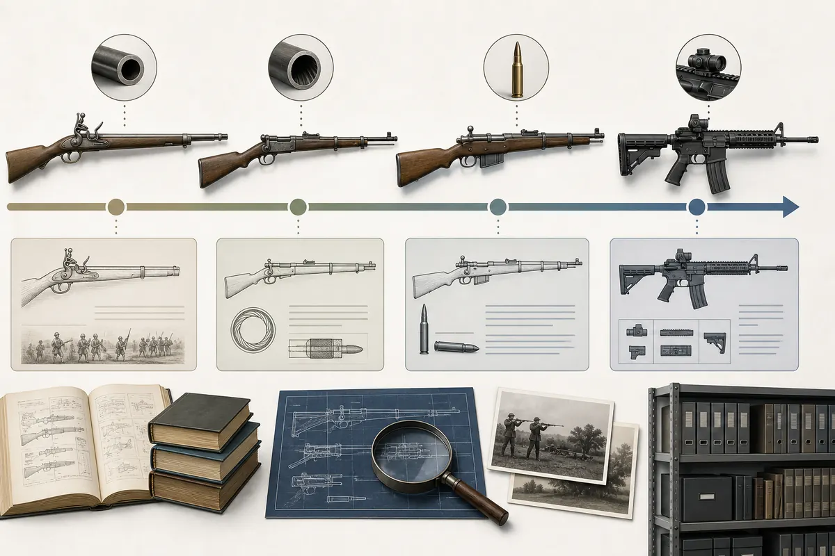 銃の歴史をマスケット銃から近代ライフルまで年表風に表した画像