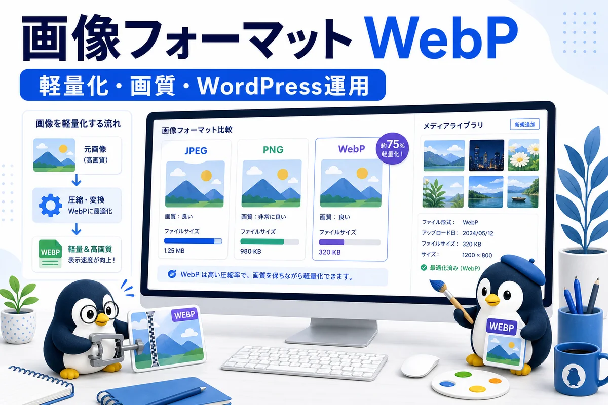 画像フォーマットWebPの軽量化画質WordPress運用を可愛いペンギンと比較カードで表した画像