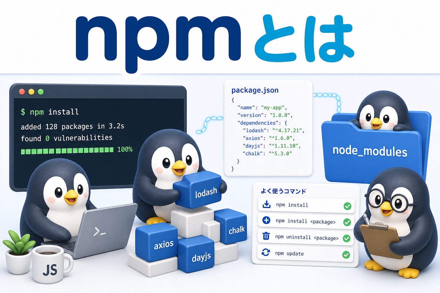 npmとは何かを表す、package.jsonとnode_modules、npm installコマンドを確認するペンギンたちの画像