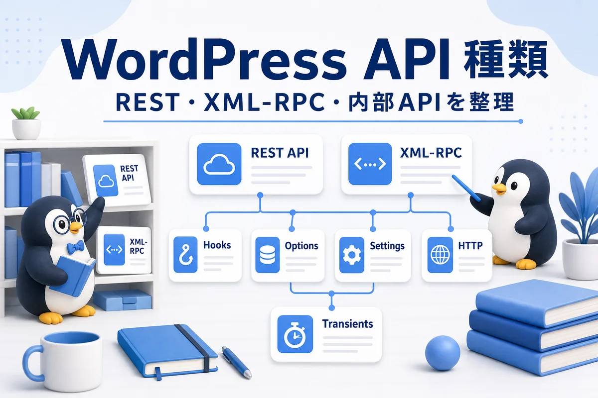 WordPress APIの種類をREST XML-RPC 内部APIの分類カードと可愛いペンギンで整理した画像