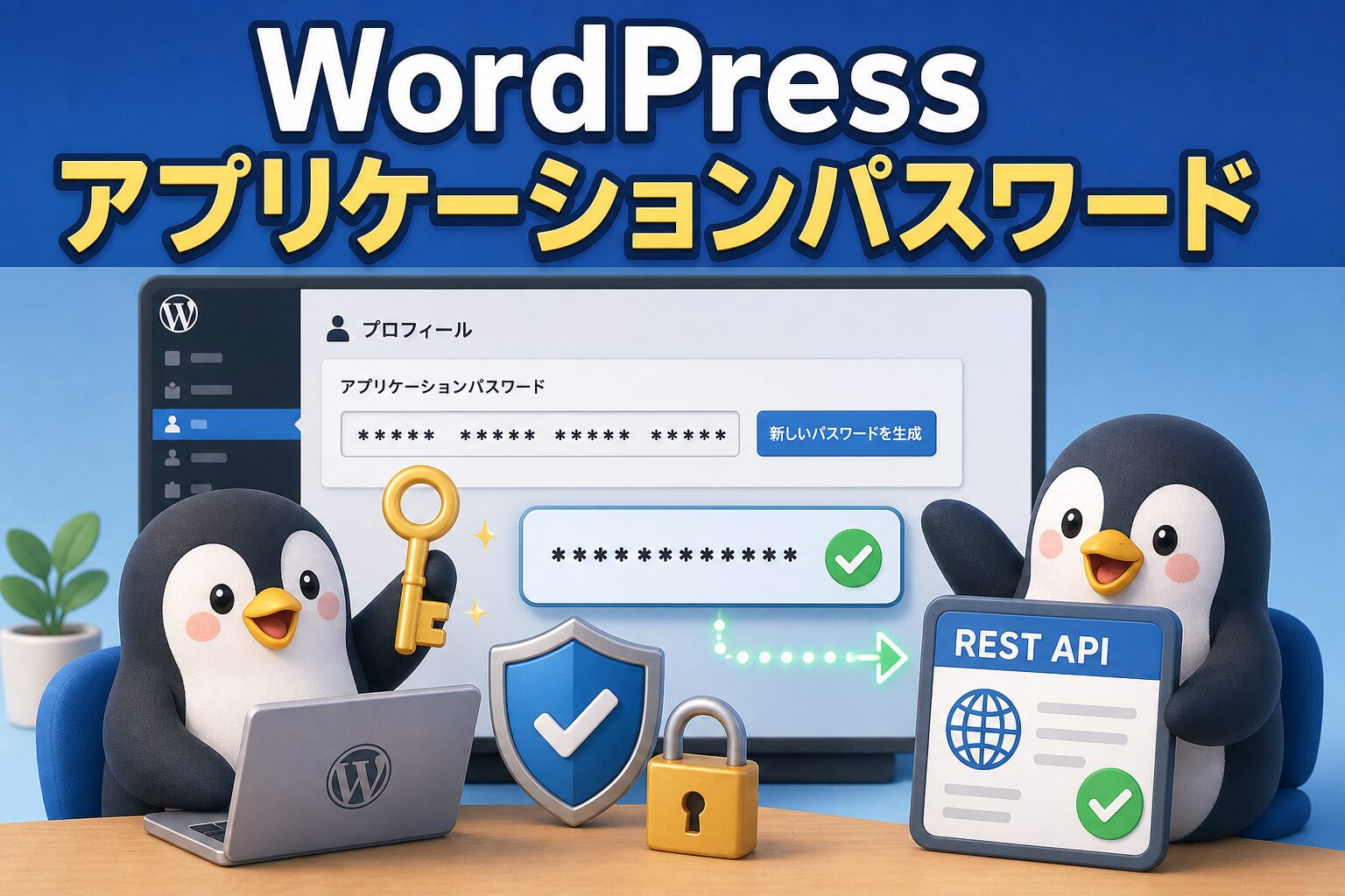 WordPressアプリケーションパスワードを表す、鍵とREST API接続を確認するペンギンたちの画像