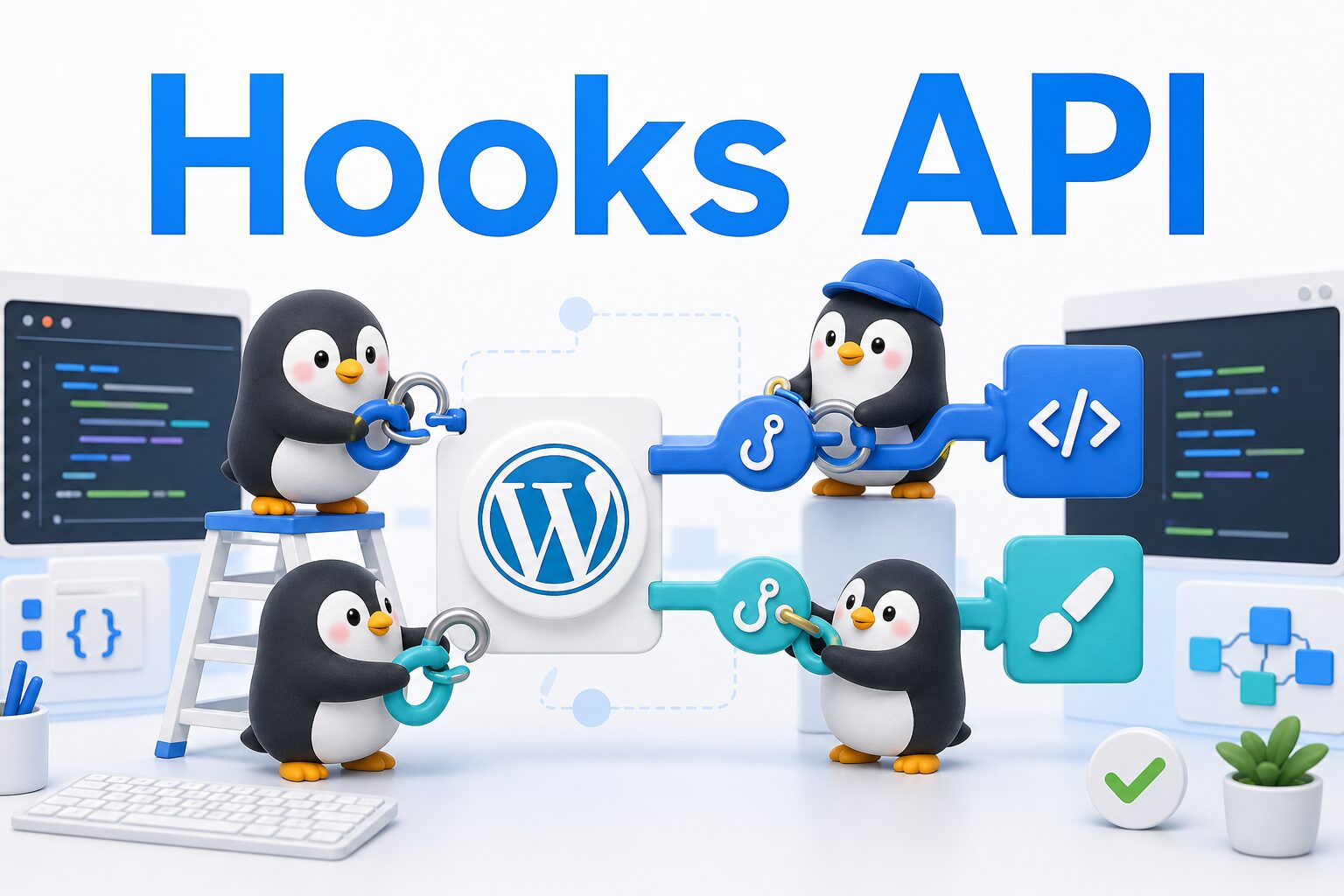Hooks APIを表す、WordPressの処理にフックを接続するペンギンたちのアイキャッチ画像
