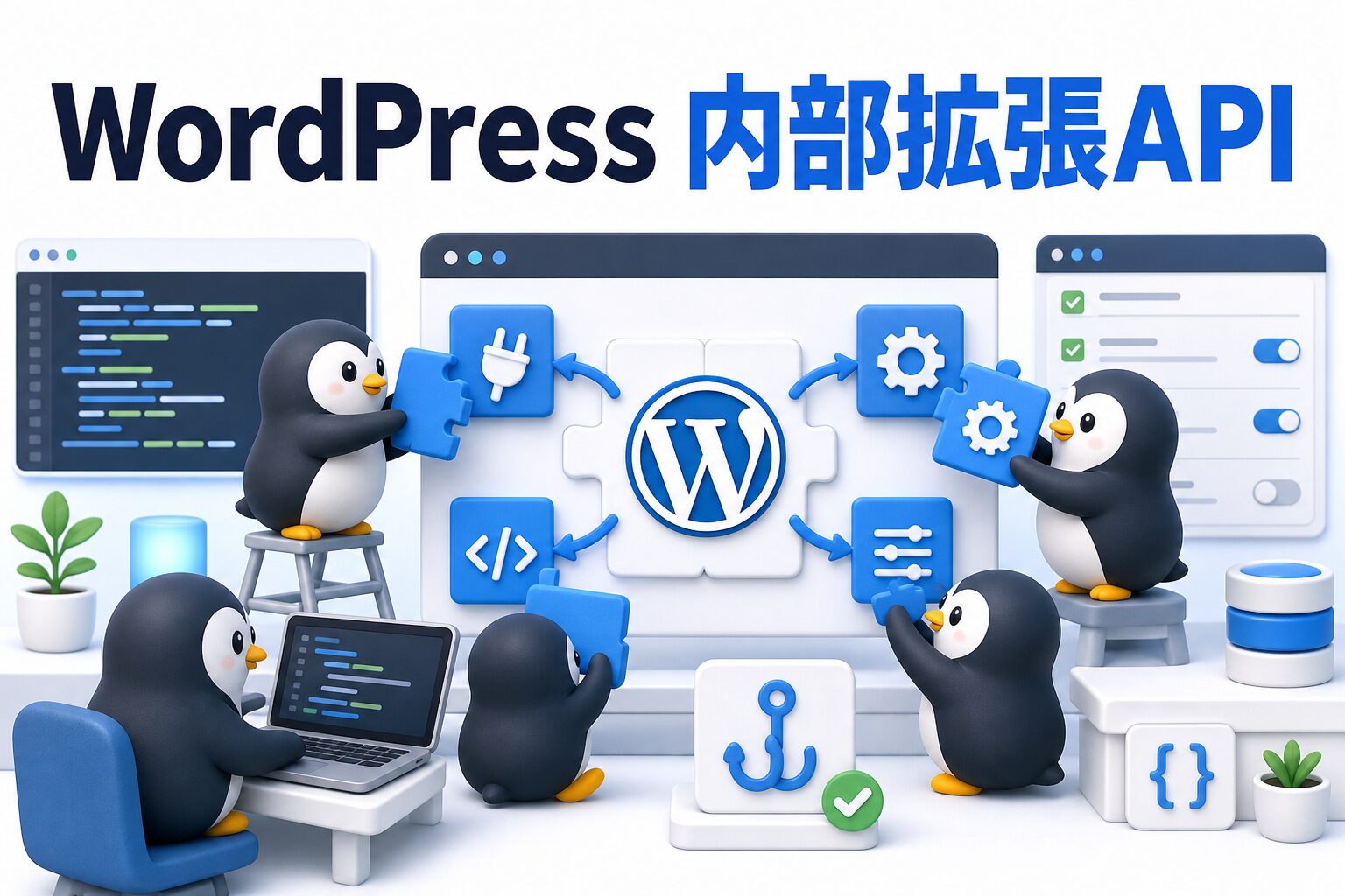 WordPress内部拡張APIを表す、プラグインブロックとコード画面をつなぐペンギンたちのアイキャッチ画像